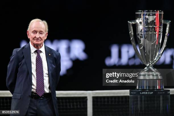 Former tennis player Rod Laver poses with Laver Cup during the trophy ceremony after the Laver Cup in Prague, Czech Republic on September 24, 2017....