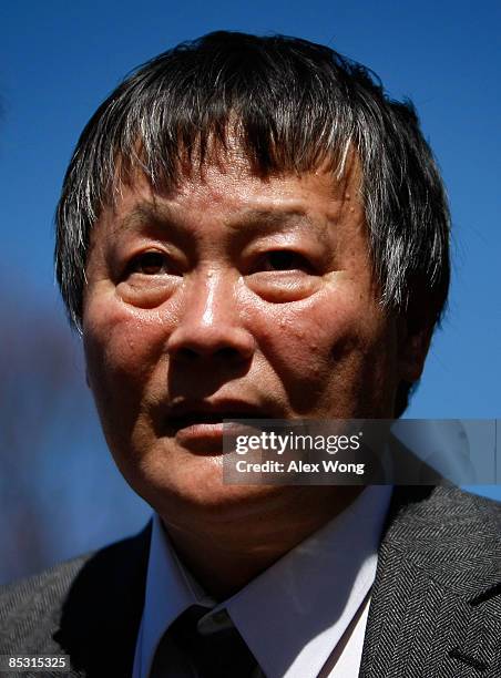 Chinese dissident Wei Jing Sheng speaks to the media during a rally on "free Tibet" at the Lafayette Square, north of the White House, March 9, 2009...