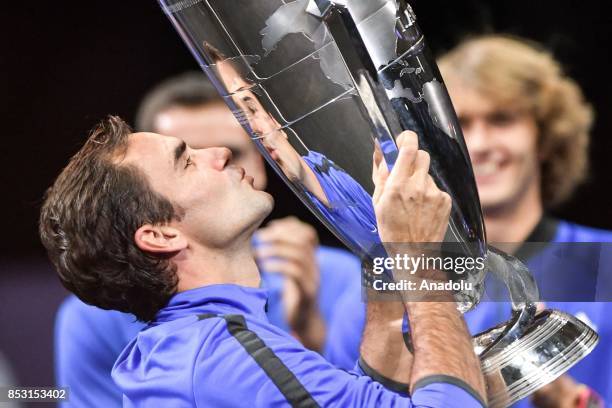 Switzerland's Roger Federer of Team Europe celebrates during the trophy ceremony after the Laver Cup in Prague, Czech Republic on September 24, 2017....