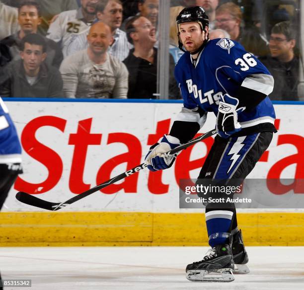 Brandon Segal of the Tampa Bay Lightning skates against the Pittsburgh Penguins at the St. Pete Times Forum on March 3, 2009 in Tampa, Florida.