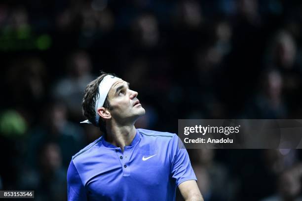 Switzerland's Roger Federer of the Team Europe in action against Australia's Nick Kyrgios of the Team World during the Laver Cup in Prague, Czech...