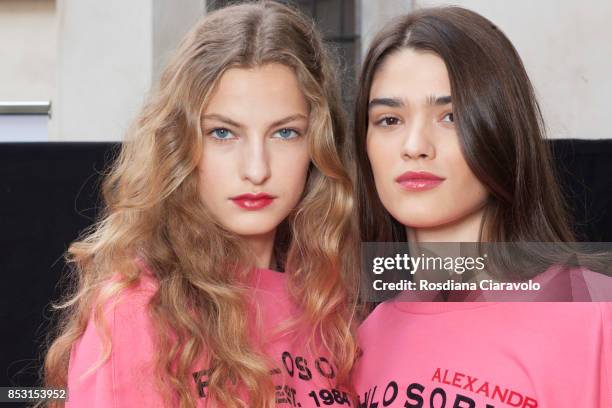 Felice Noordhoff and Alexandra Micu are seen backstage ahead of the Philosophy By Lorenzo Serafini show during Milan Fashion Week Spring/Summer 2018...