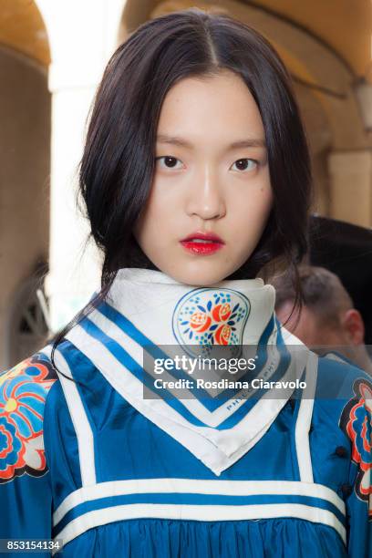 Wangy Xin Yu is seen backstage ahead of the Philosophy By Lorenzo Serafini show during Milan Fashion Week Spring/Summer 2018 on September 23, 2017 in...