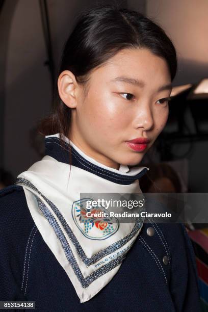Yoon Young Bae is seen backstage ahead of the Philosophy By Lorenzo Serafini show during Milan Fashion Week Spring/Summer 2018 on September 23, 2017...