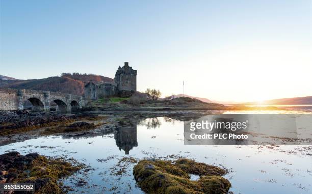 eilean donan castle at sunrise - sea loch stock pictures, royalty-free photos & images