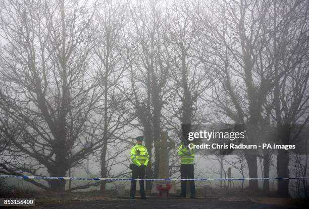 Police at a cordon on the A146 after four people have died when a helicopter came down in thick fog in a field in Gillingham, near Beccles, Norfolk,...