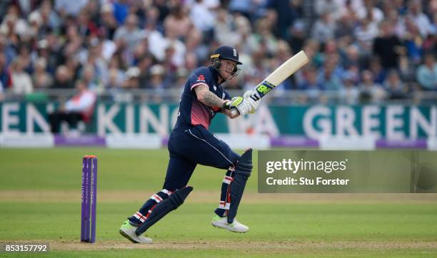 England batsman Ben Stokes hits out during the 3rd Royal London One Day International between England and West Indies at The Brightside Ground on...