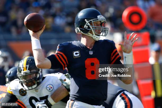 Quarterback Mike Glennon of the Chicago Bears looks to pass in the fourth quarter against the Pittsburgh Steelers at Soldier Field on September 24,...