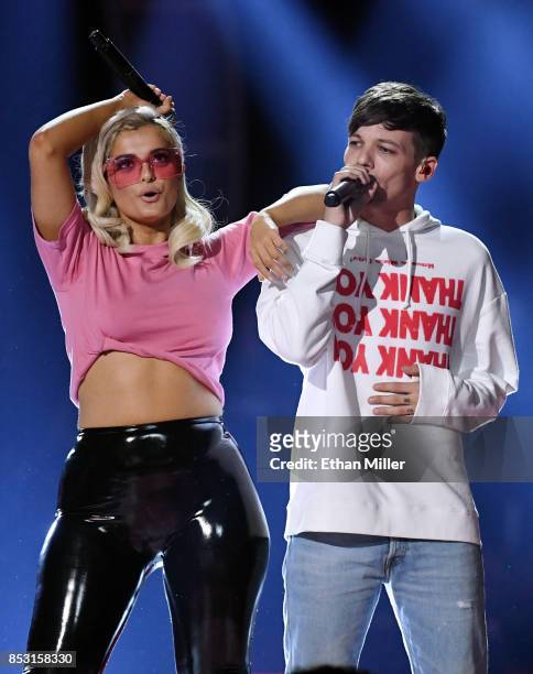 Bebe Rexha and Louis Tomlinson perform during the 2017 iHeartRadio Music Festival at T-Mobile Arena on September 23, 2017 in Las Vegas, Nevada.