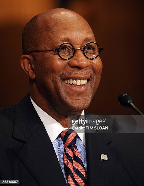 Former Dallas Mayor Ron Kirk testifies before the Senate Finance Committe on his nomination to be US Trade Representative on March 9, 2009 on Capitol...