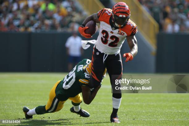 Jeremy Hill of the Cincinnati Bengals carries the ball during the first quarter against the Green Bay Packers at Lambeau Field on September 24, 2017...