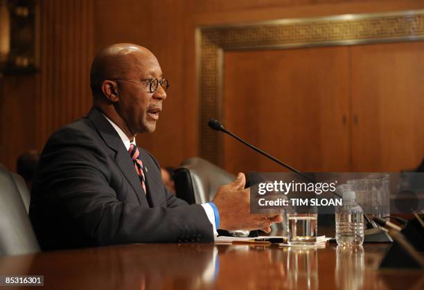 Former Dallas Mayor Ron Kirk testifies before the Senate Finance Committee on his nomination to be US Trade Representative on March 9, 2009 on...