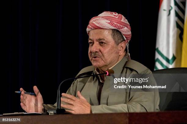 Kurdistan President Masoud Barzani speaks to the media at a press conference on September 24, 2017 in Erbil, Iraq. President Barzani announced that...