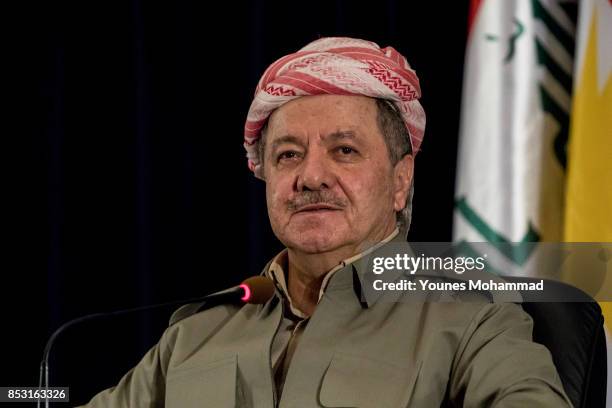 Kurdistan President Masoud Barzani speaks to the media at a press conference on September 24, 2017 in Erbil, Iraq. President Barzani announced that...