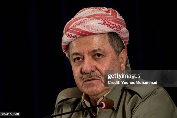 Kurdistan President Masoud Barzani speaks to the media at a press conference on September 24, 2017 in Erbil, Iraq. President Barzani announced that...