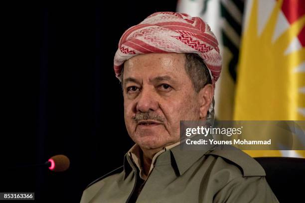 Kurdistan President Masoud Barzani speaks to the media at a press conference on September 24, 2017 in Erbil, Iraq. President Barzani announced that...