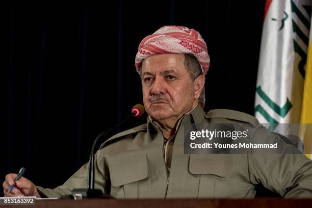 Kurdistan President Masoud Barzani speaks to the media at a press conference on September 24, 2017 in Erbil, Iraq. President Barzani announced that...