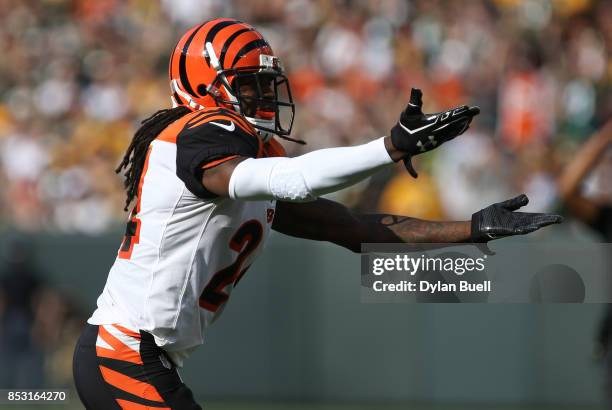 Adam Jones of the Cincinnati Bengals reacts after a penalty during the first quarter of the game against the Green Bay Packers at Lambeau Field on...