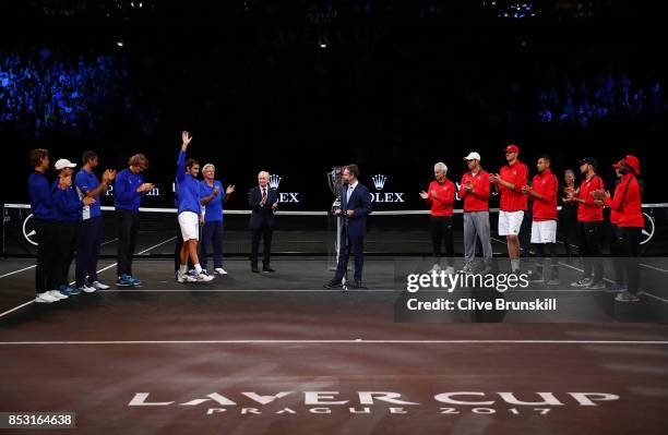 Roger Federer of Team Europe celebrates after winning the Laver Cup on the final day of the Laver cup on September 24, 2017 in Prague, Czech...