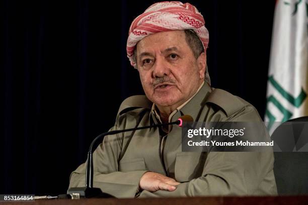 Kurdistan President Masoud Barzani speaks to the media at a press conference on September 24, 2017 in Erbil, Iraq. President Barzani announced that...