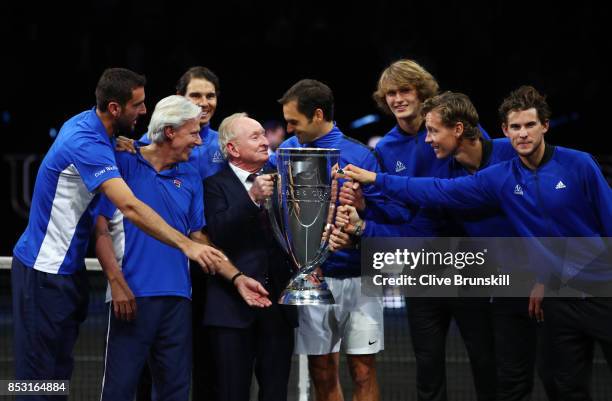 Marin Cilic, Bjorn Borg, Rafael Nadal, Rod Laver, Roger Federer, Alexander Zverev, Tomas Berdych and Dominic Thiem of Team Europe lift the Laver Cup...