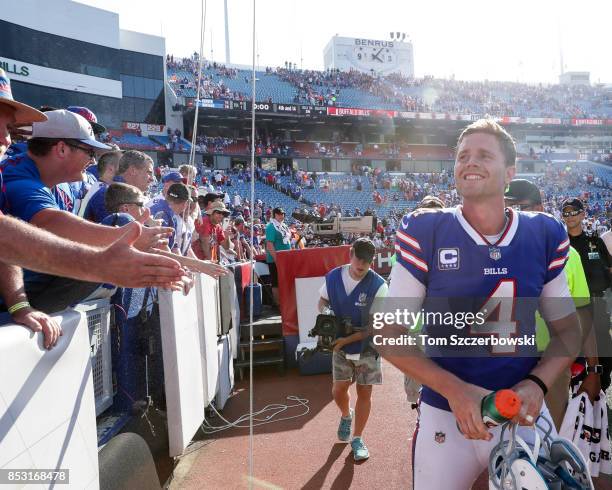 Stephen Hauschka of the Buffalo Bills smiles at fans after an NFL game against the Denver Broncos on September 24, 2017 at New Era Field in Orchard...