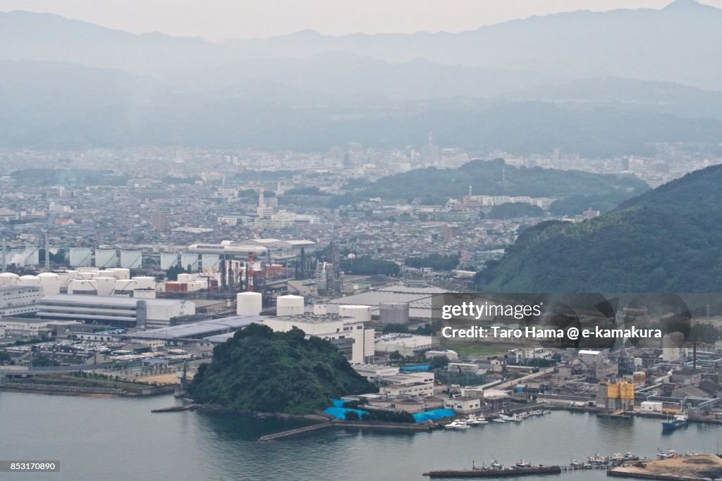 Matsuyama city in Ehime prefecture daytime aerial view from airplane