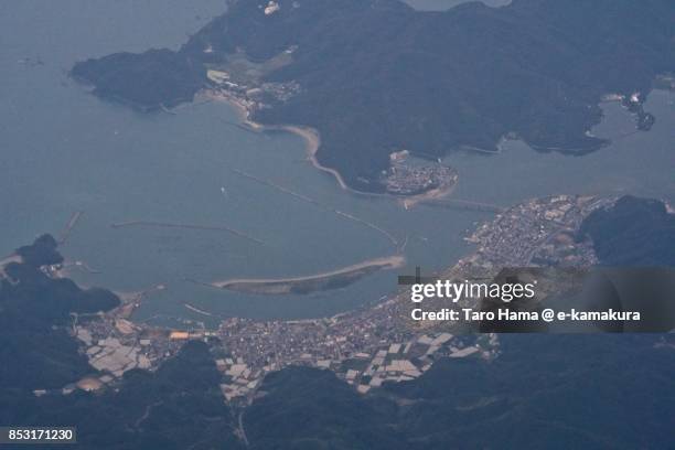 tosa city in kochi prefecture daytime aerial view from airplane - tosa city stock pictures, royalty-free photos & images