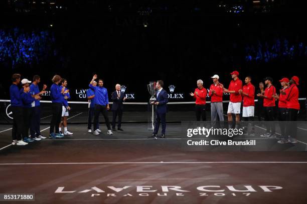 Rafael Nadal of Team Europe celebrates after winning the Laver Cup on the final day of the Laver cup on September 24, 2017 in Prague, Czech Republic....