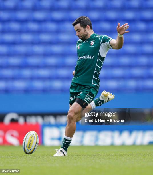 James Marshall of London Irish kicks a restart during the Aviva Premiership match between London Irish and Northampton Saints at Madejski Stadium on...