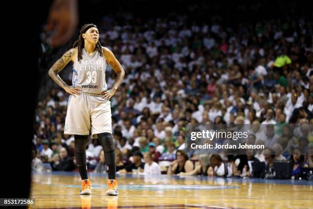 Seimone Augustus of the Minnesota Lynx looks on during the game against the Los Angeles Sparks in Game One of the 2017 WNBA Finals on September 24,...