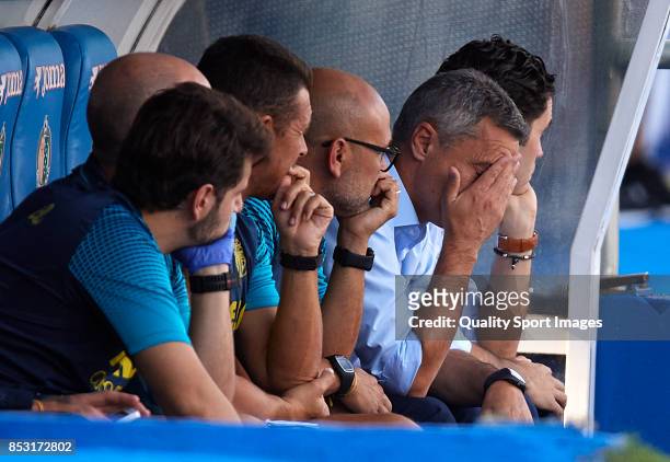 Fran Escriba, Manager of Villarreal reacts during the La Liga match between Getafe and Villarreal at Coliseum Alfonso Perez on September 24, 2017 in...