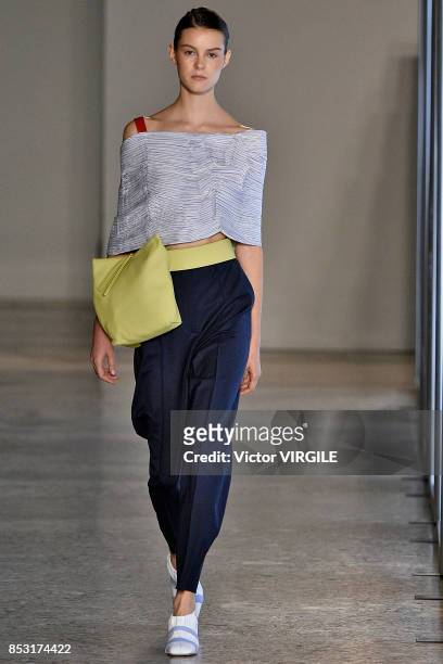Model walks the runway at the Gabriele Colangelo Ready to Wear Spring/Summer 2018 fashion show during Milan Fashion Week Spring/Summer 2018 on...