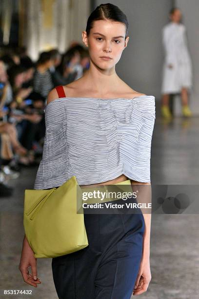 Model walks the runway at the Gabriele Colangelo Ready to Wear Spring/Summer 2018 fashion show during Milan Fashion Week Spring/Summer 2018 on...