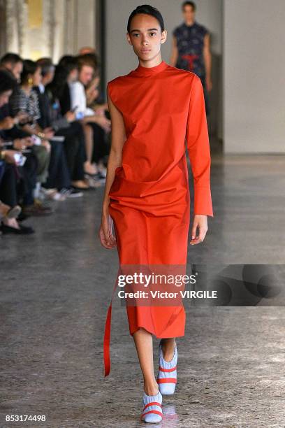 Model walks the runway at the Gabriele Colangelo Ready to Wear Spring/Summer 2018 fashion show during Milan Fashion Week Spring/Summer 2018 on...