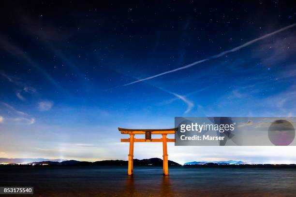 torii gate on the lake under the stadium of stars - 高島市 ストックフォトと画像