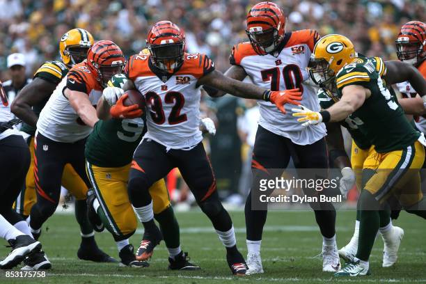 Jeremy Hill of the Cincinnati Bengals carries the ball during the first quarter against the Green Bay Packers at Lambeau Field on September 24, 2017...