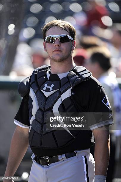 Tyler Flowers of the Chicago White Sox looks on during the game against the Los Angeles Angels on February 25, 2009 at Tempe Diablo Stadium in Tempe,...