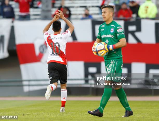 Gonzalo Martinez of River Plate celebrates after scoring the first goal of his team during a match between River Plate and Argentinos Juniors as part...