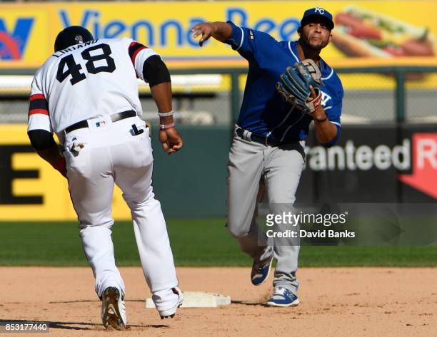 Ramon Torres of the Kansas City Royals forces out Rymer Liriano of the Chicago White Sox during the eighth inning on September 24, 2017 at Guaranteed...