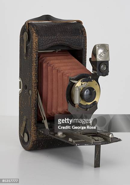 An American-made Eastman Kodak No. 1-A Folding Special Pocket camera with red bellows is seen in this 2009 Healdsburg, California, studio photo.