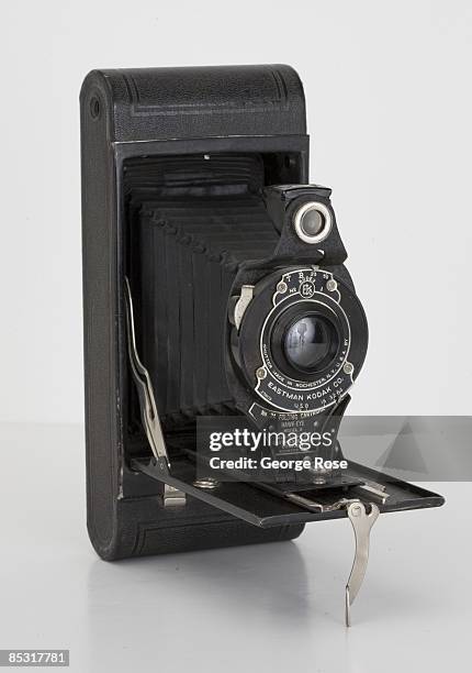 An American-made Eastman Kodak No. 2A Folding Cartridge Hawk-Eye Model B camera is seen in this 2009 Healdsburg, California, studio photo.