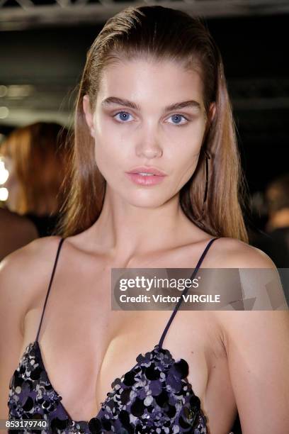 Model backstage at the Salvatore Ferragamo Ready to Wear Spring/Summer 2018 show during Milan Fashion Week Spring/Summer 2018 on September 23, 2017...