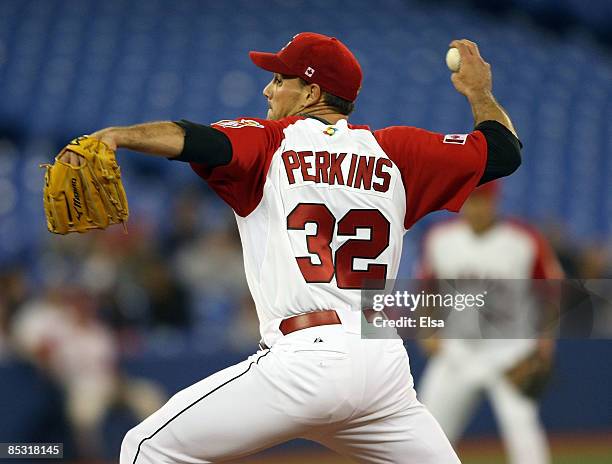 Vince Perkins of Canada pitches against Italy during the 2009 World Baseball Classic Pool C match on March 9, 2009 at the Rogers Centre in Toronto,...