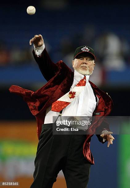 Canadian hockey broadcast legend Don Cherry throws out the ceremonial first pitch during the 2009 World Baseball Classic Pool C match on March 9,...
