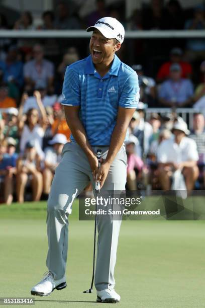 Xander Schauffele of the United States reacts as he wins during the final round of the TOUR Championship at East Lake Golf Club on September 24, 2017...