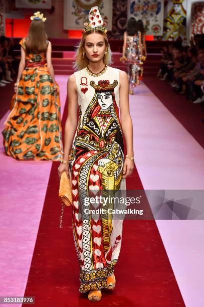 Model walks the runway at the Dolce & Gabbana Spring Summer 2018 fashion show during Milan Fashion Week on September 24, 2017 in Milan, Italy.