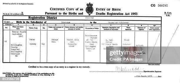 The birth certificate of Ian Ball.