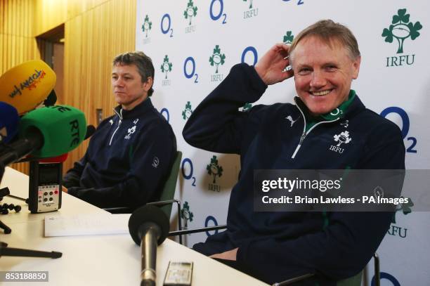 Ireland head coach Joe Schmidt and assistant coach Les Kiss during a press conference at the Aviva Stadium, Dublin, Ireland.