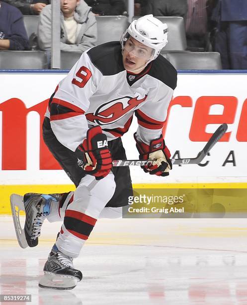 Zach Parise of the New Jersey Devils skates during game action against the Toronto Maple Leafs March 3, 2009 at the Air Canada Centre in Toronto,...